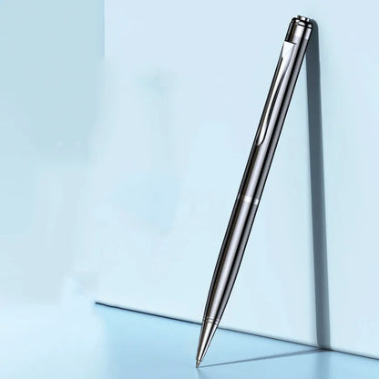 Black pen shaped digital voice recorder with zinc alloy body shown next to included USB cable.