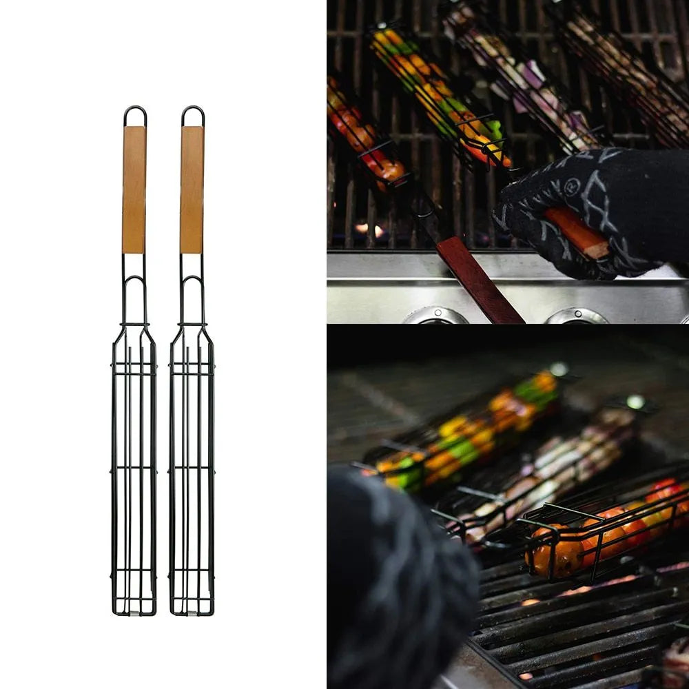 Barbecue basket with rotary lid and long wood handle on a grill, burlywood colour.