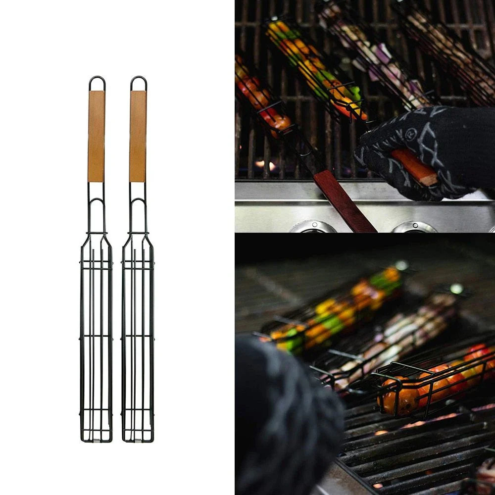 Stainless steel grill basket with rotary lid, wooden handle, and versatile design for outdoor cooking