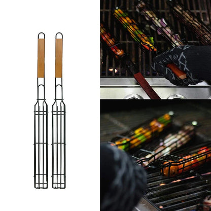 Stainless steel grill basket with rotary lid, wooden handle, and versatile design for outdoor cooking