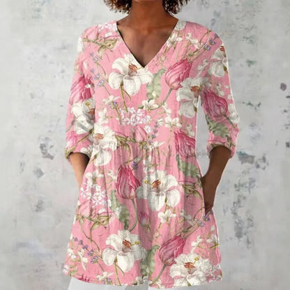 Women's retro slim fit long-sleeved top with digital printed pattern in various colours, showing front view