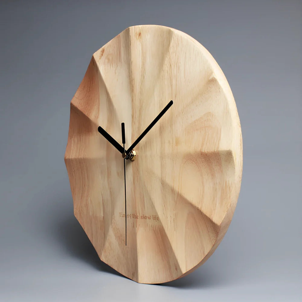 Wooden wall clock with 30cm diameter dial and natural wood grain
