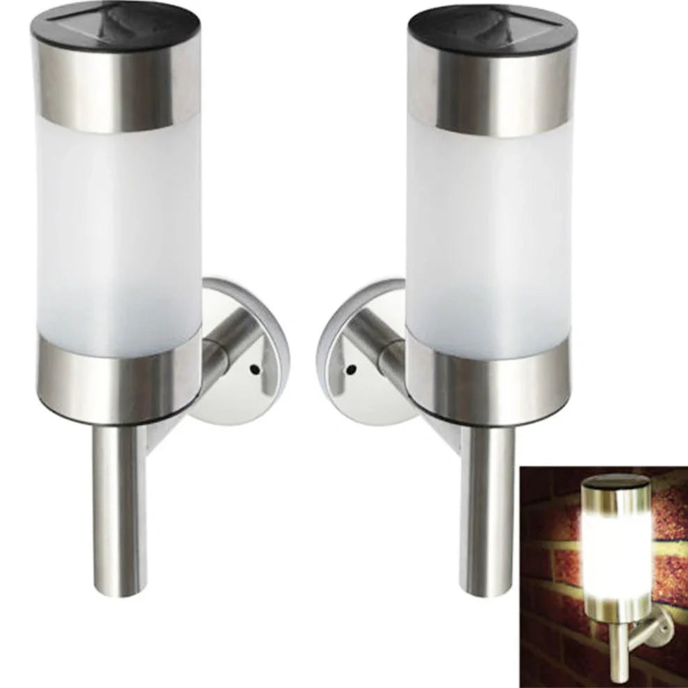 White solar wall light with integrated solar panel and LED, 7.6x12x25cm dimensions