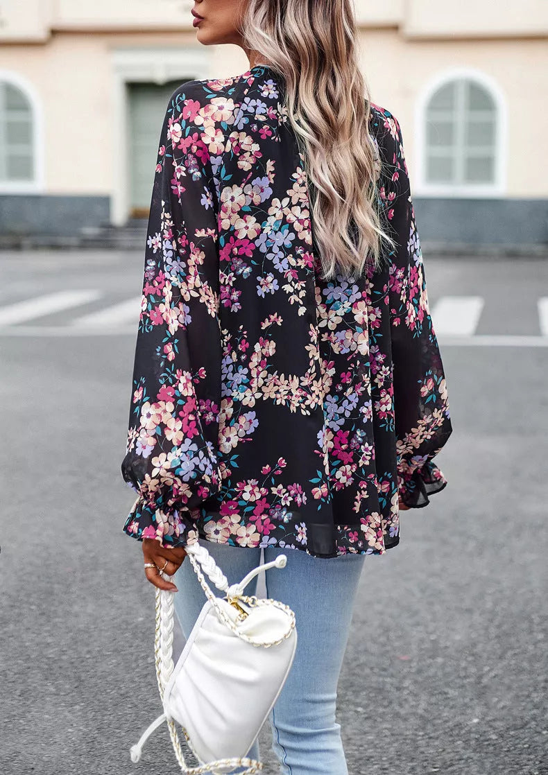 Women's floral print V-neck long sleeve chiffon blouse in black, blue, and apricot