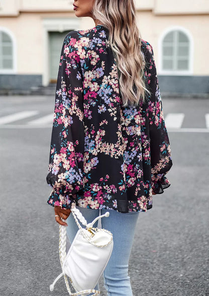 Women's floral print V-neck long sleeve chiffon blouse in black, blue, and apricot