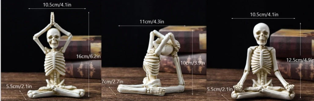 Spooky skeleton desktop decorations featuring intricate resin skulls and skeletons in vintage white and ominous black color options