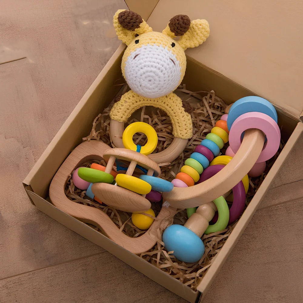Wooden educational toy set with five beech wood rattles for children's emotional development