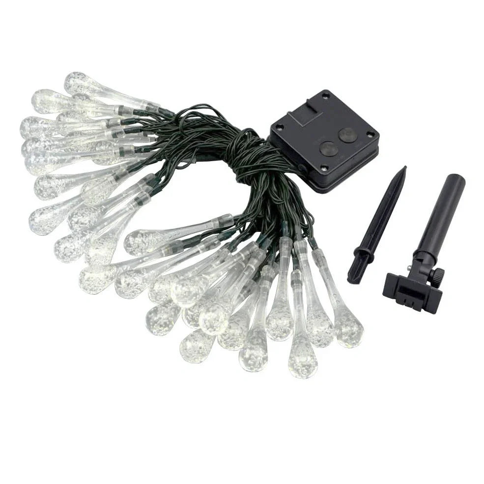6.5m LED solar water drop string lights with 30 LEDs and waterproof pendants for garden use