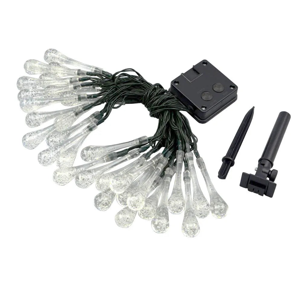 LED outdoor water drops solar string lights with bubble drop pendants on 6.5m cable, solar panel and ground spike included