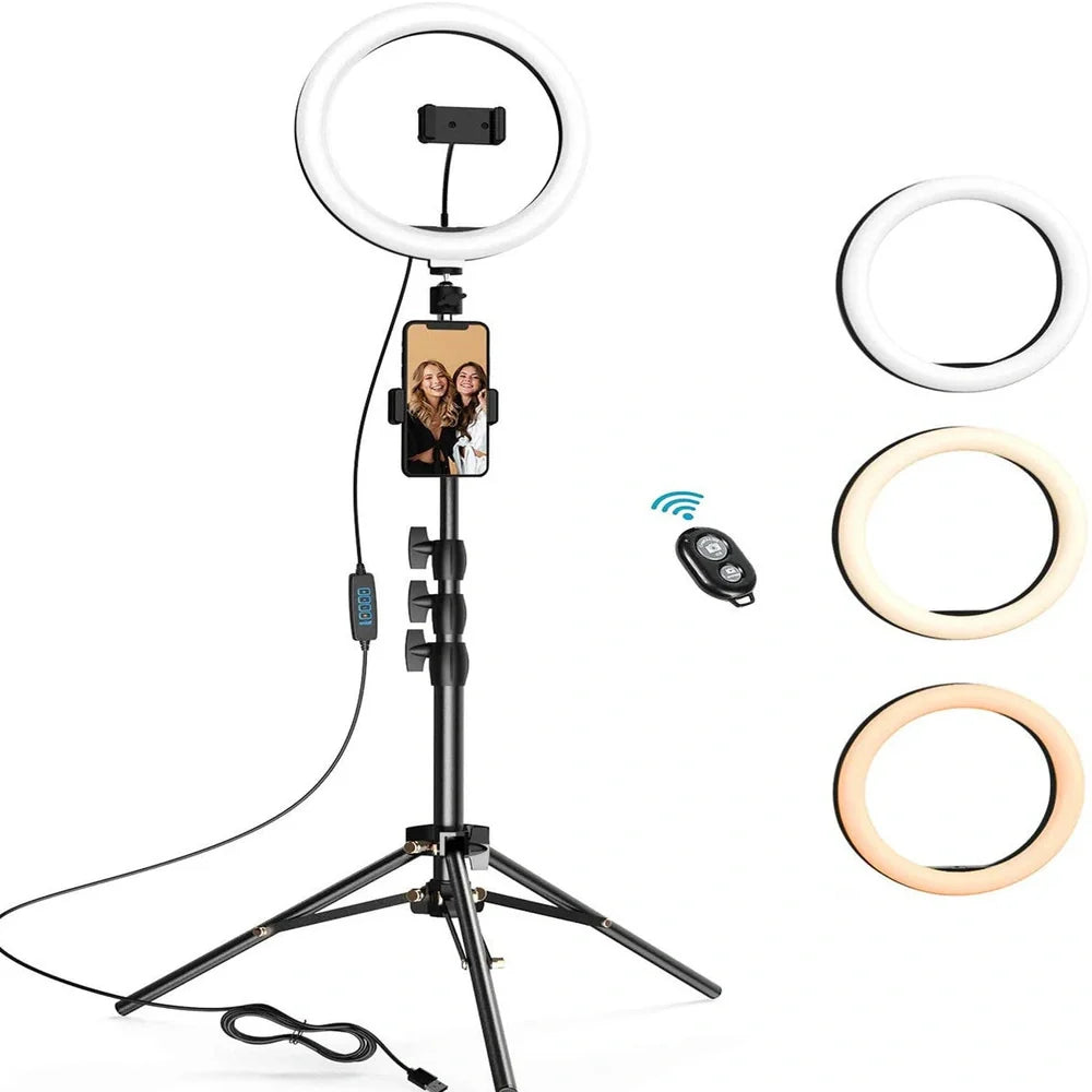 10-inch ring light with 26cm LED diameter on adjustable tripod stand for photography