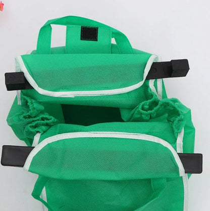 Foldable reusable grocery tote bag in green color, featuring durable construction, generous pockets, and a fold-flat design for easy storage