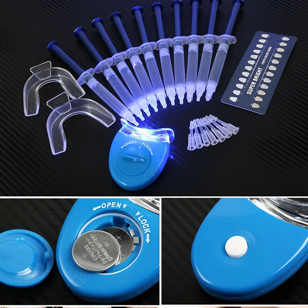 Teeth whitening gel kit with thermoform trays, cold light lamp, 10 gel syringes, and 3D shade guide showing 7-10 improvement