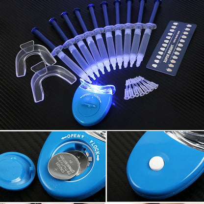 Teeth whitening gel kit with thermoform trays, cold light lamp, 10 gel syringes, and 3D shade guide showing 7-10 improvement