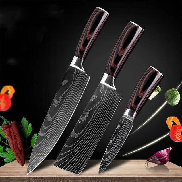 Premium 8-Piece Stainless Steel Chef Knife Set with Elegant Damascus Pattern Blades and Ergonomic Handles