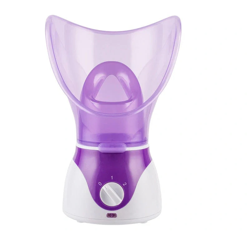 Purple facial steamer with dual conical cones for deep pore cleansing and nasal steam therapy
