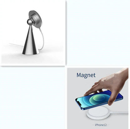 Magnetic phone stand for iPhone 12 and up, made of sleek aluminum alloy with 360-degree rotation for hands-free charging and viewing
