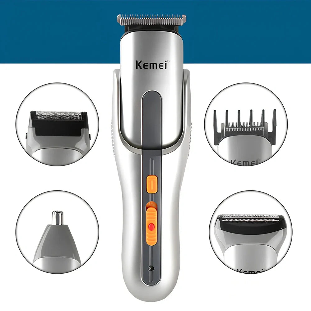 Silver multi-function hair clipper measuring 17x4.5cm with nine grooming accessories including nose hair trimmer