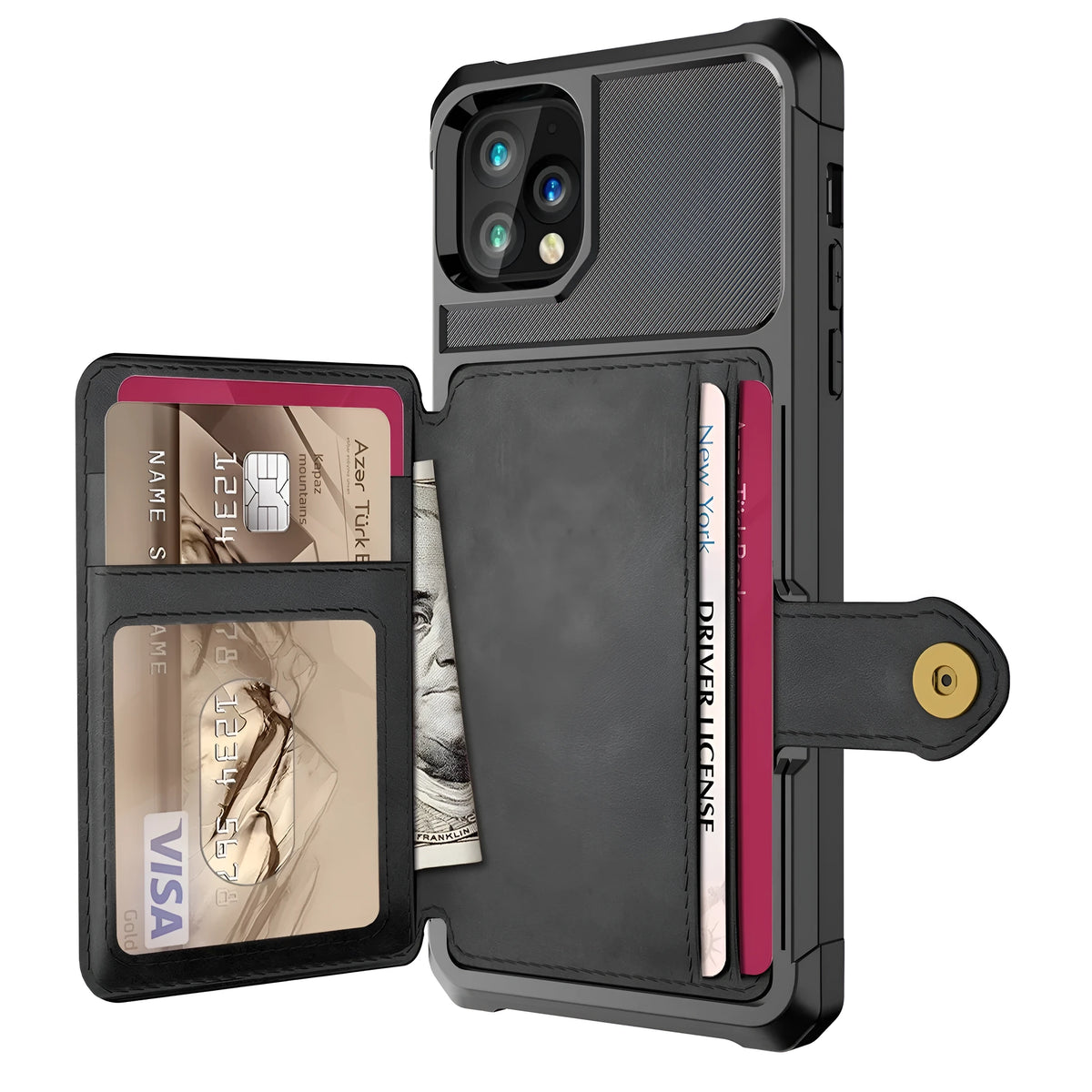 Imitation leather card wallet iPhone case back cover in black, blue, green, pink, or red.
