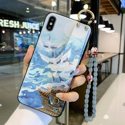 Rose flower printed iPhone case with wrist strap loop, compatible with iPhone 7 to 11 Pro Max models