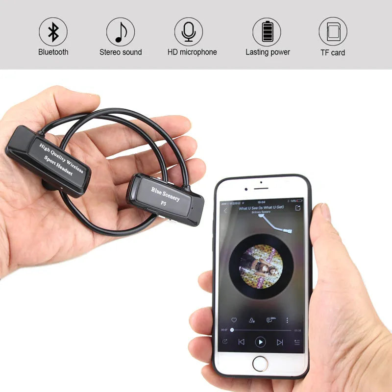 F5 wireless Bluetooth headset with card, ear-hook design, Bluetooth 4.0, 10 metre range, in black gold red or white