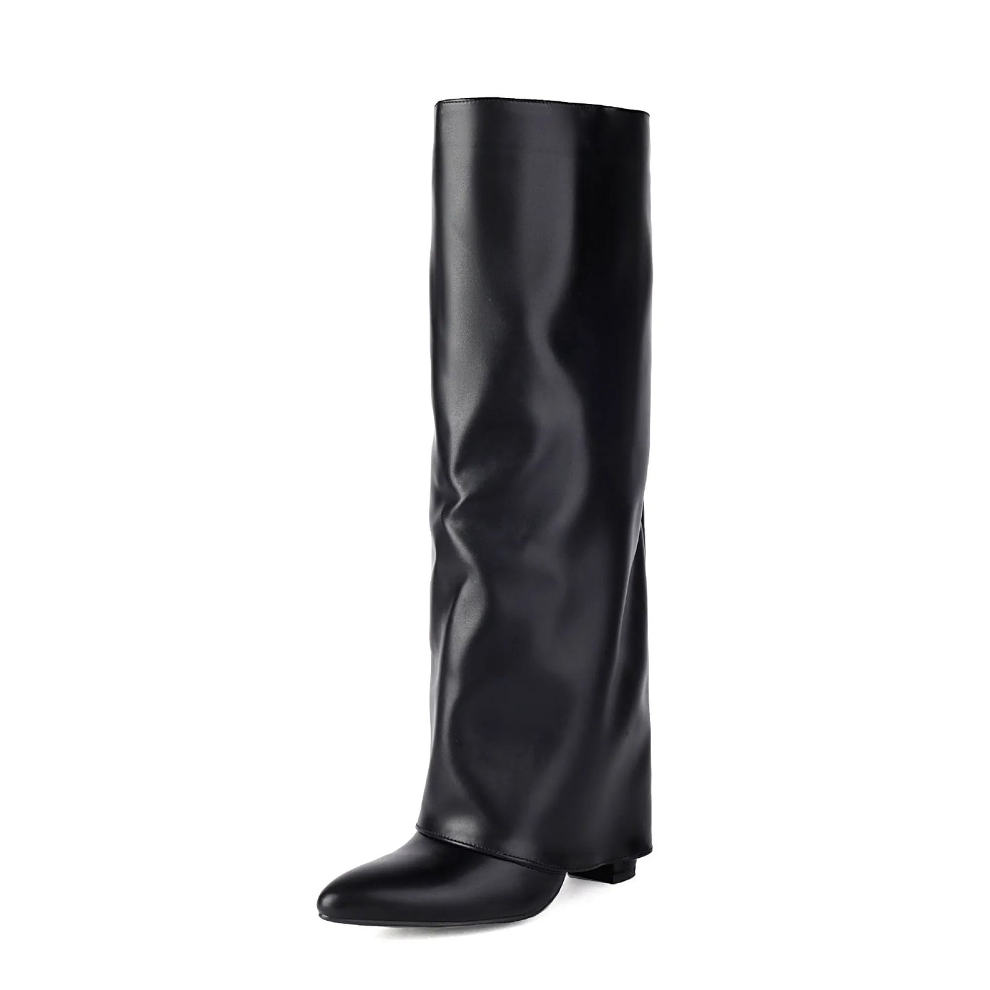 Women's plus size black high heel boot with high shaft and sewing line detailing on artificial PU material.