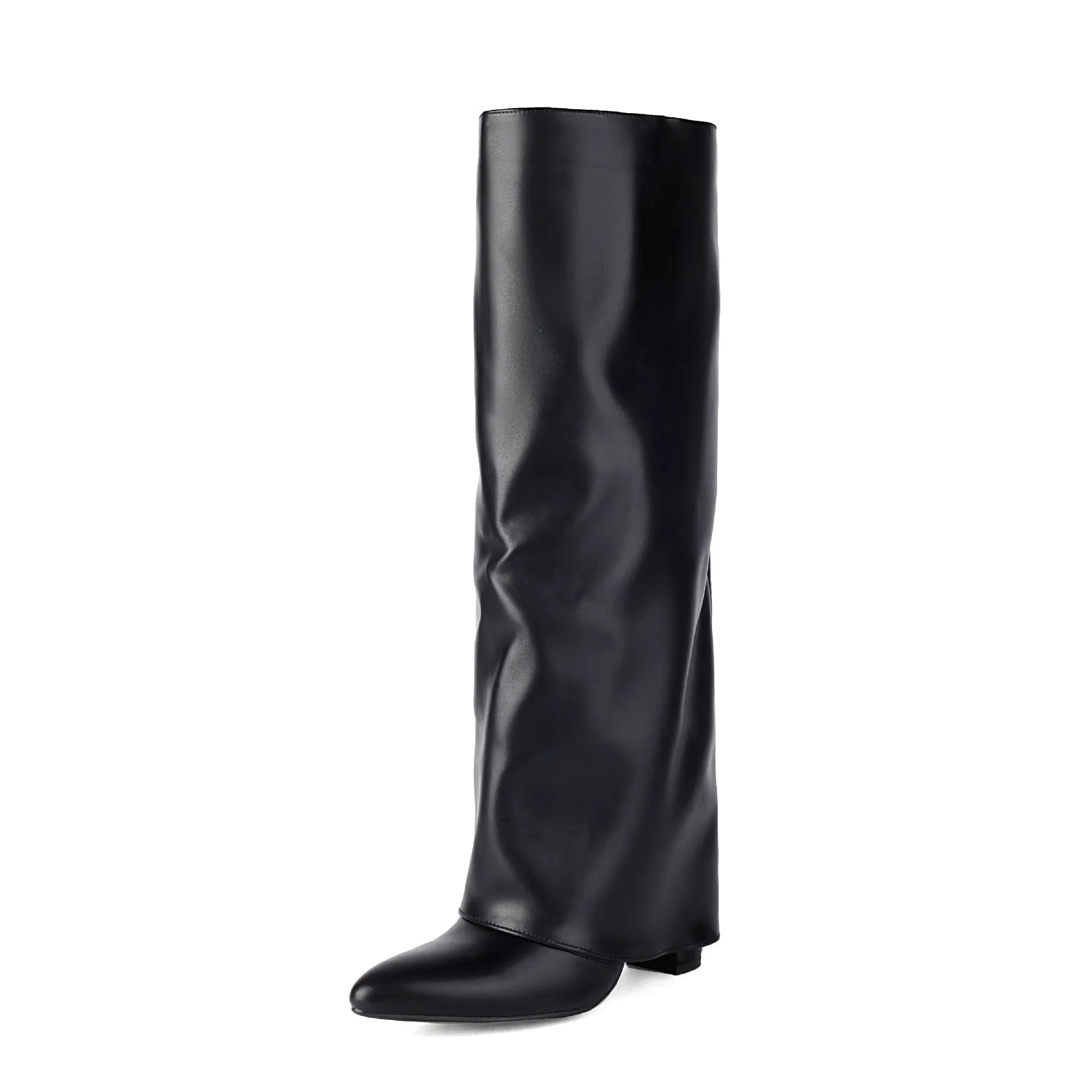 Women's plus size black high heel boot with high shaft and sewing line detailing on artificial PU material.