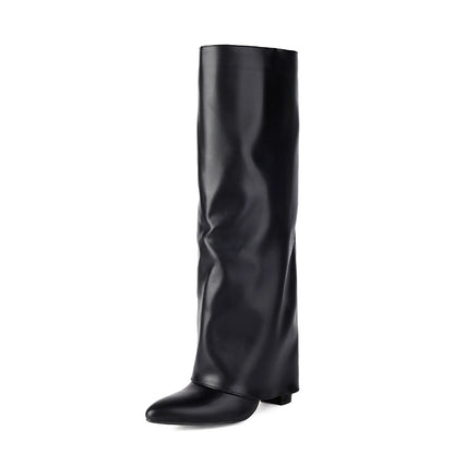 Women's plus size black high heel boot with high shaft and sewing line detailing on artificial PU material.