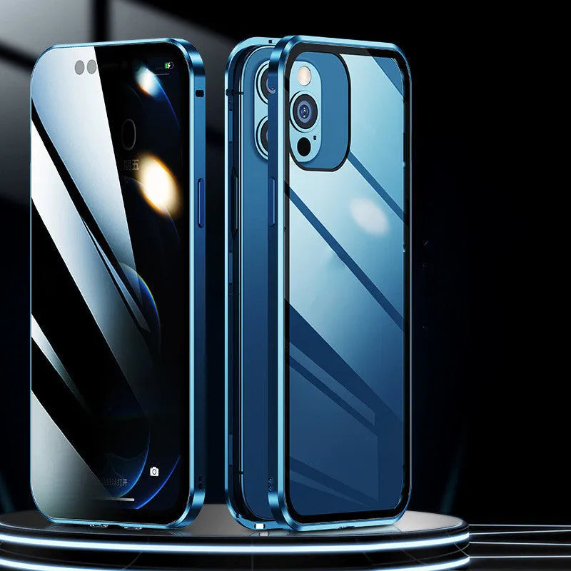 Double sided magnetic glass phone case in silicone for iPhone, available in black, red, silver, gold, dark green, emerald green and blue.