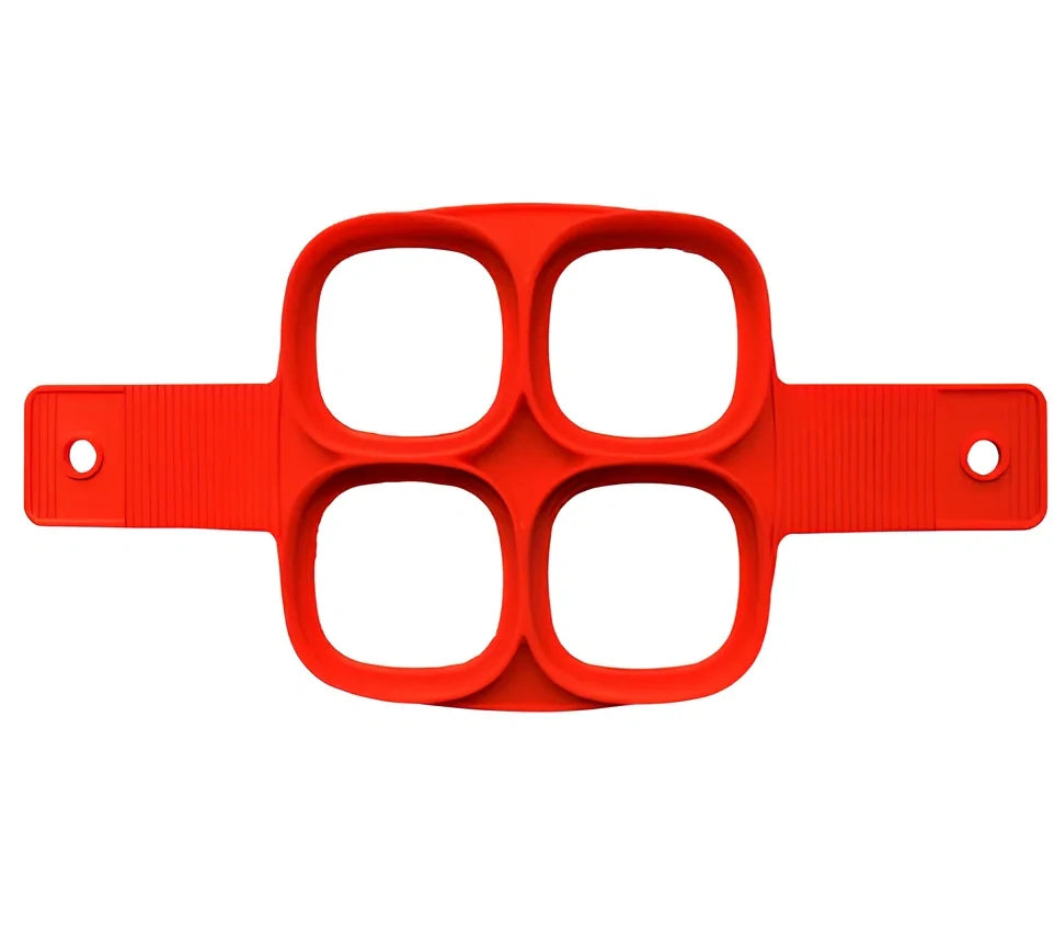 Red silicone egg mould measuring 3x3x6 inches for creating shaped hard-boiled eggs without shells