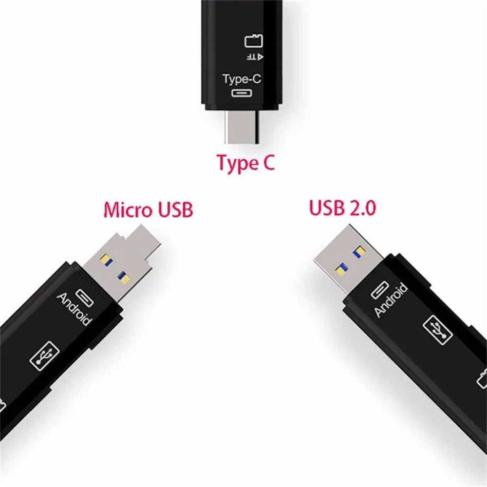 Black Type-C Micro USB OTG adapter with USB-A port and TF card slot on a white background.