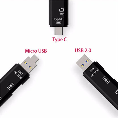 Black Type-C Micro USB OTG adapter with USB-A port and TF card slot on a white background.