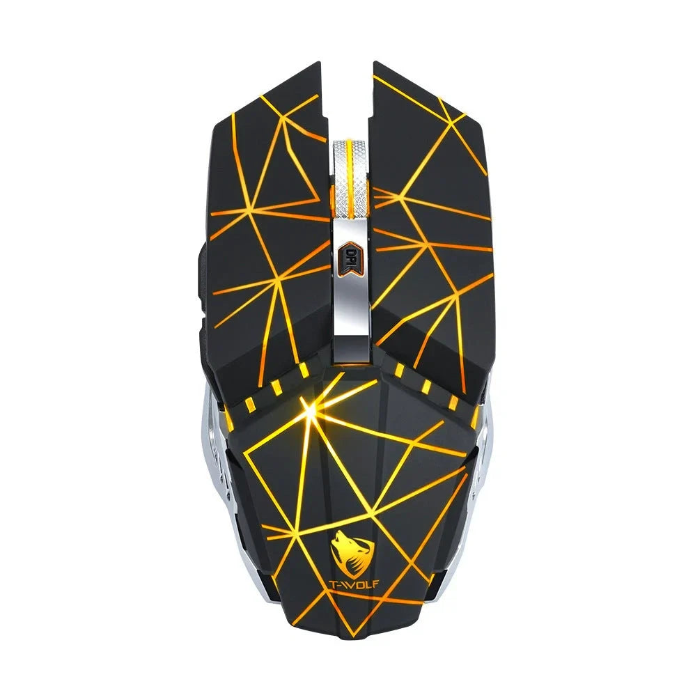 Wireless gaming mouse with RGB lighting in black colour showing six programmable buttons and scroll wheel