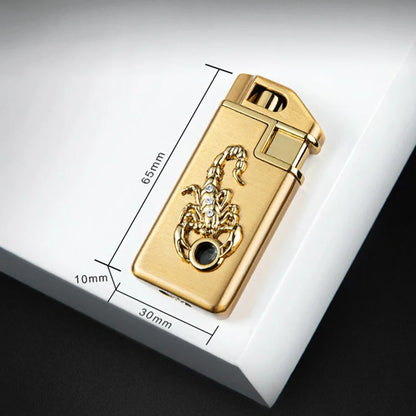 Scorpion Chip Gas Lighter with zinc alloy housing in gold or silver finish, 65mm length