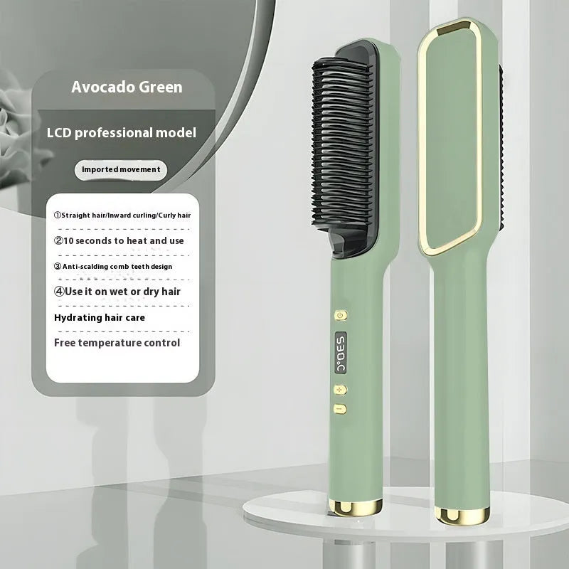 Negative ion hair straightening comb with LCD screen in avocado green colour.