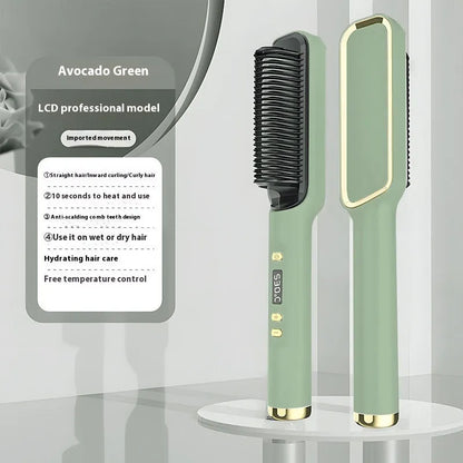 Negative ion hair straightening comb with LCD screen in avocado green colour.