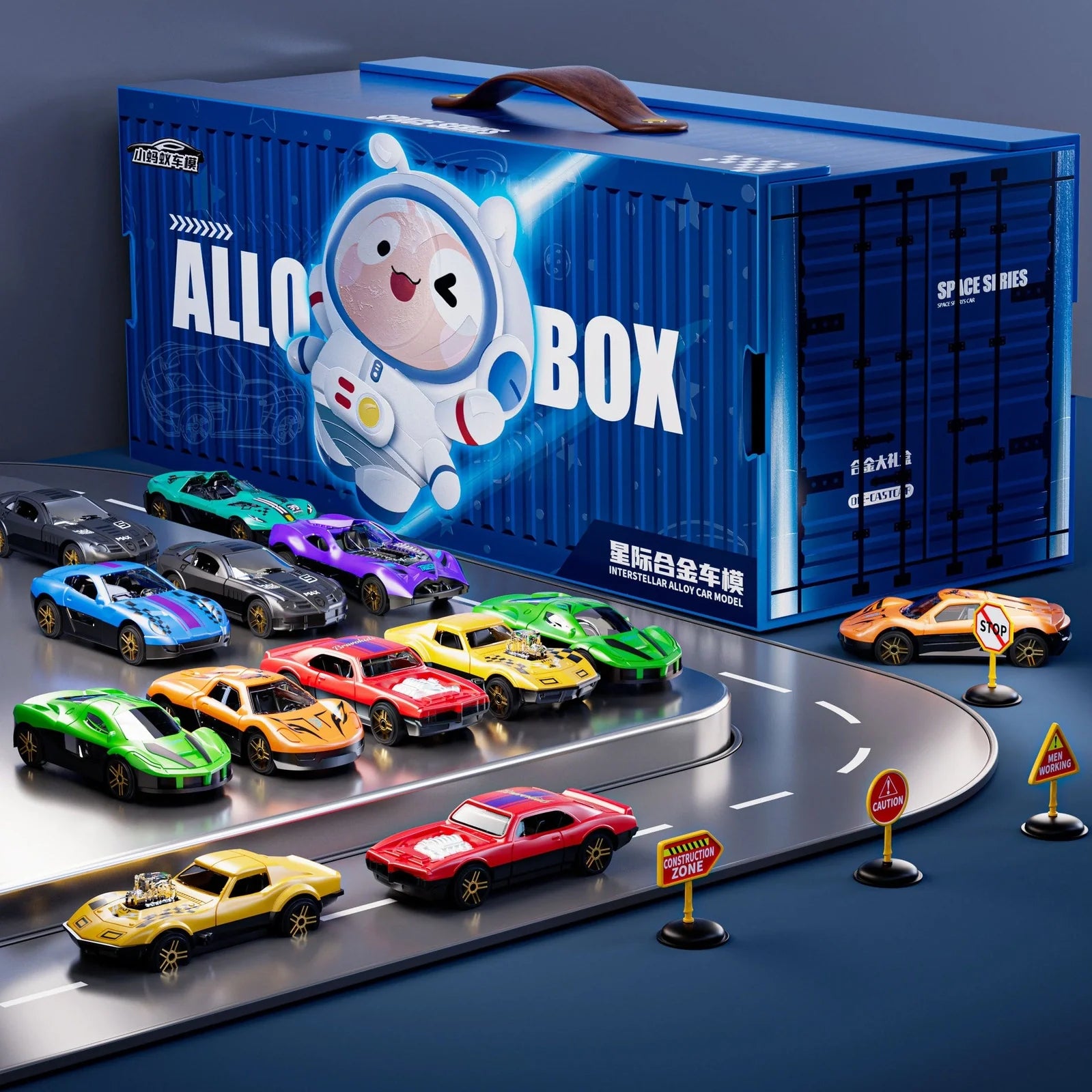 Alloy car toy set with 20 die-cast vehicles, 5 barricades and 18 puzzle pieces in container gift box