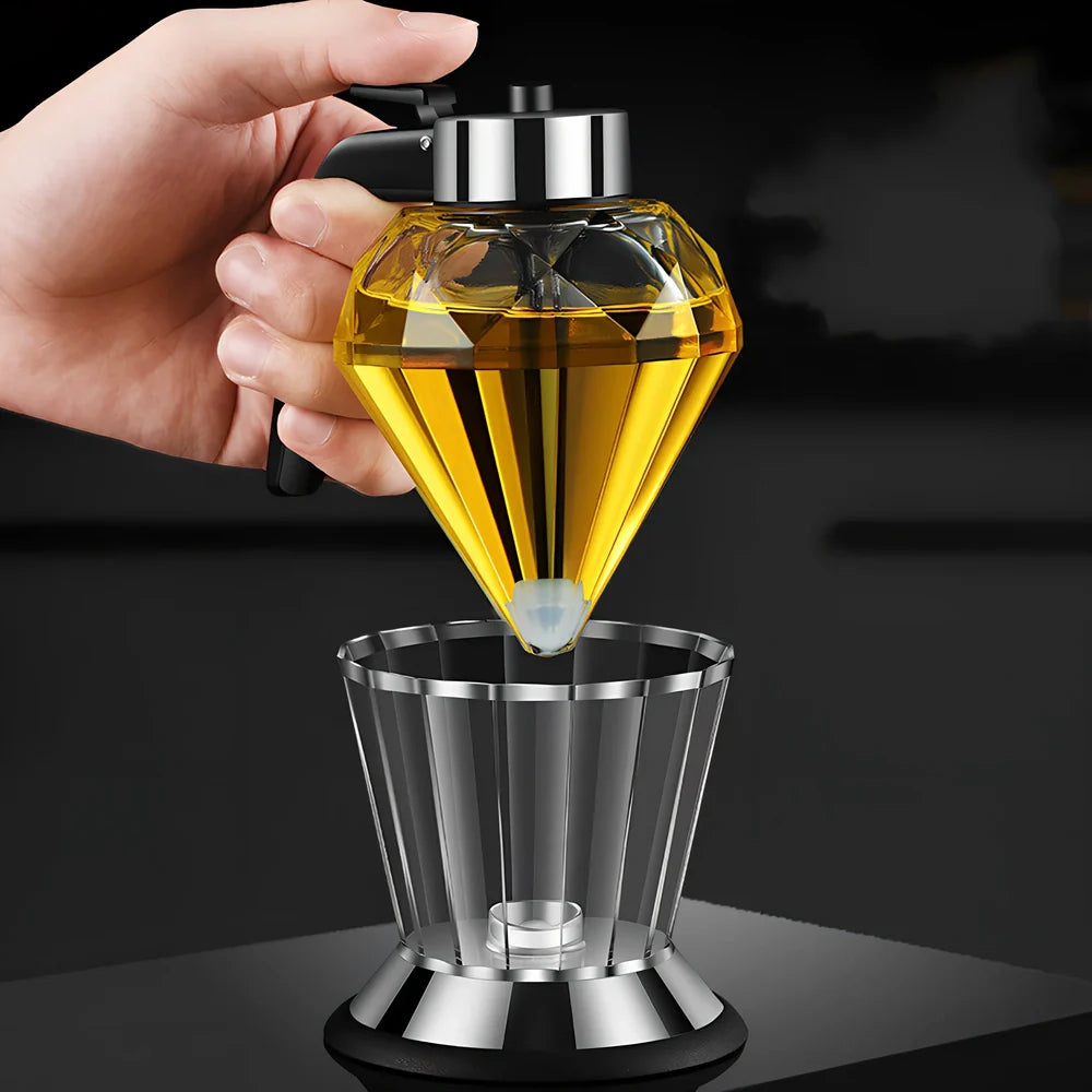 Diamond shaped glass oil dispenser with 200ml capacity and push-pour handle
