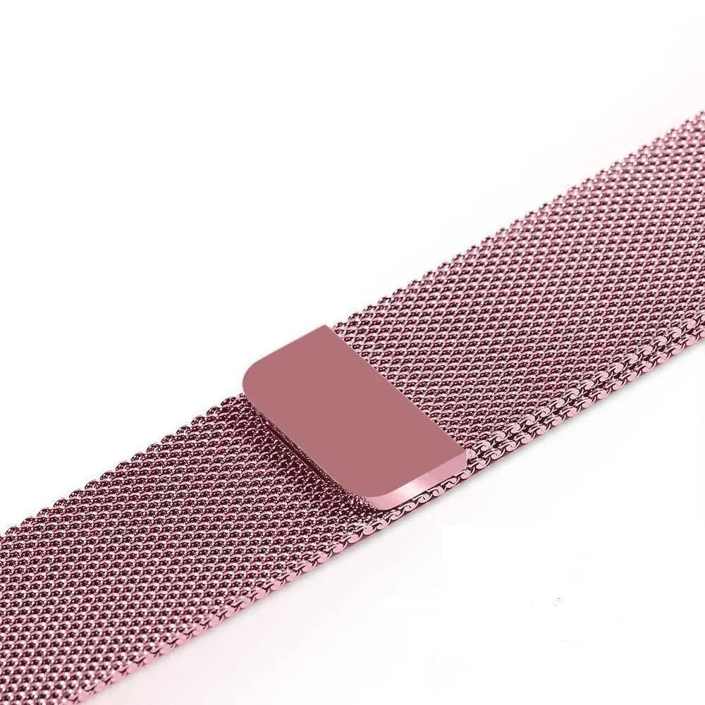 Stainless steel watch strap with metal links and buckle, shown in silver finish.