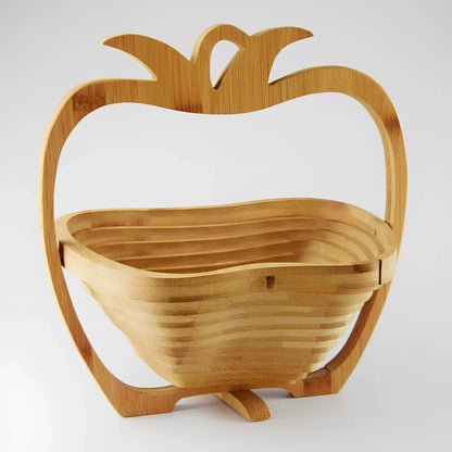 Folding natural bamboo fruit basket open at 27 cm wide, 30 cm high, collapsed to 1.8 cm for storage