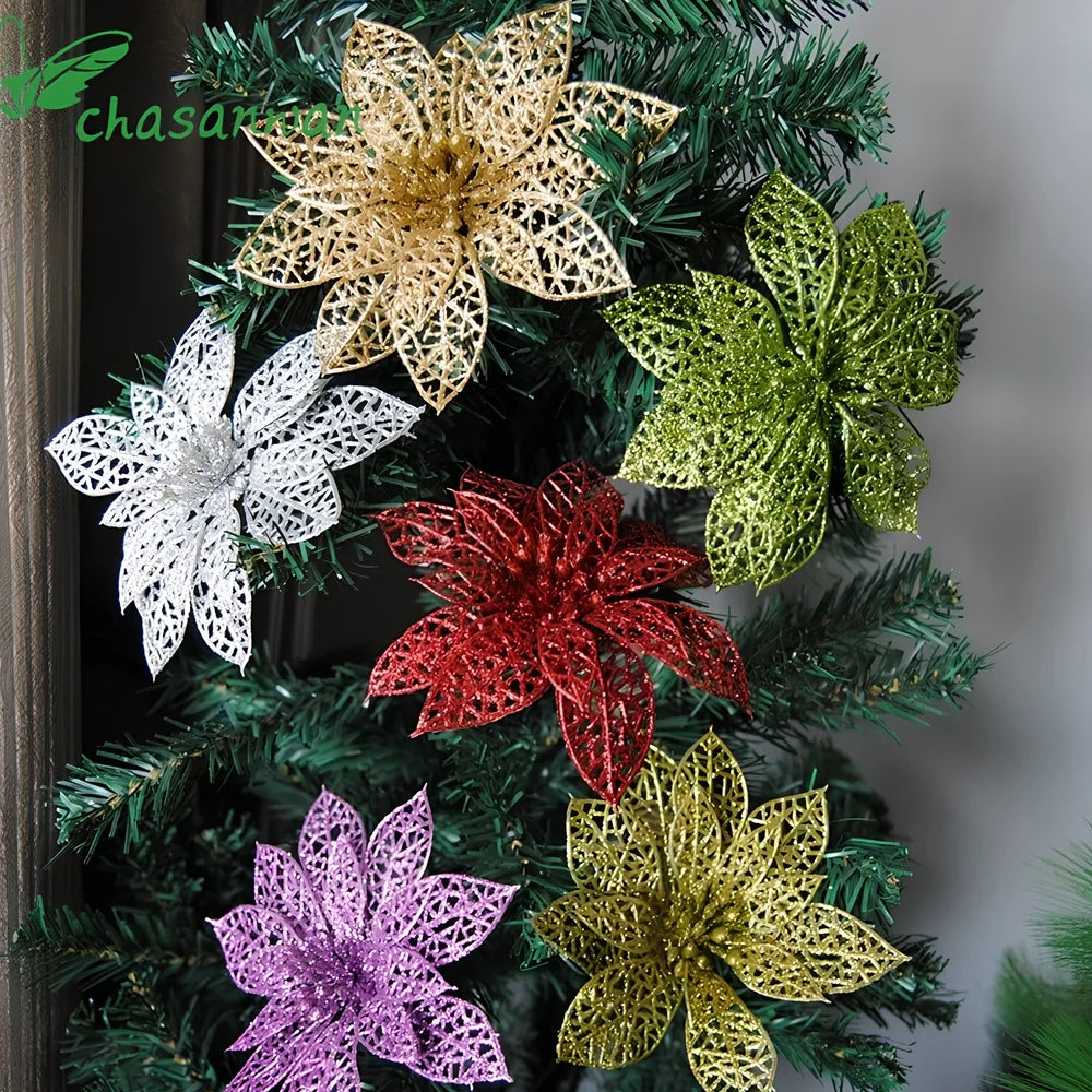 Set of 10 golden 15cm glitter flowers for Christmas trees in gold, silver, red colours