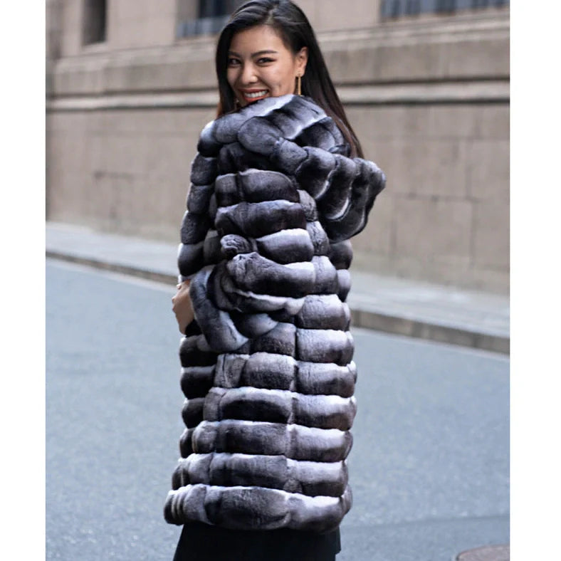 Casual mid-length warm artificial mink hair overcoat with zebra stripes pattern, offering 65cm length coverage across 11 size options from S to 9XL for versatile Japanese and Korean casual styling