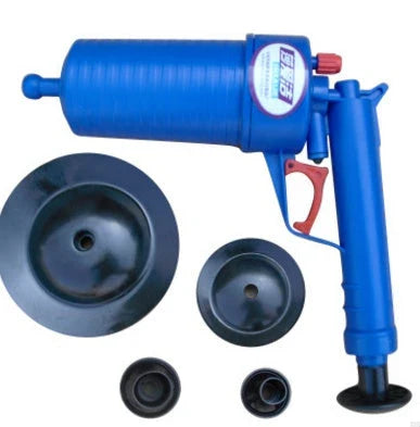 High-Powered Drain Blaster Gun with four interchangeable suction cups for clearing tough clogs in sinks, tubs, and toilets