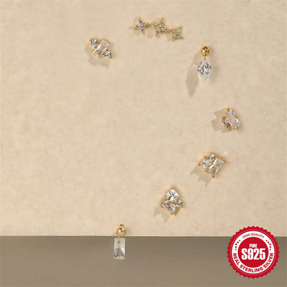 S925 sterling silver floral stud earrings with square gravel detail in a golden electroplated finish.