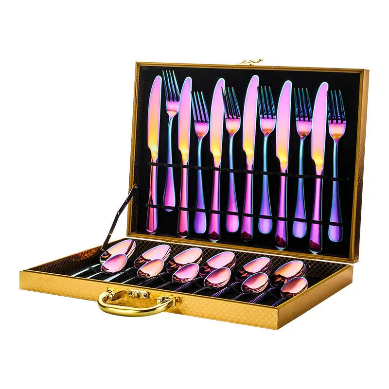24-piece stainless steel cutlery set in gold, rose gold, black and colourful finishes.