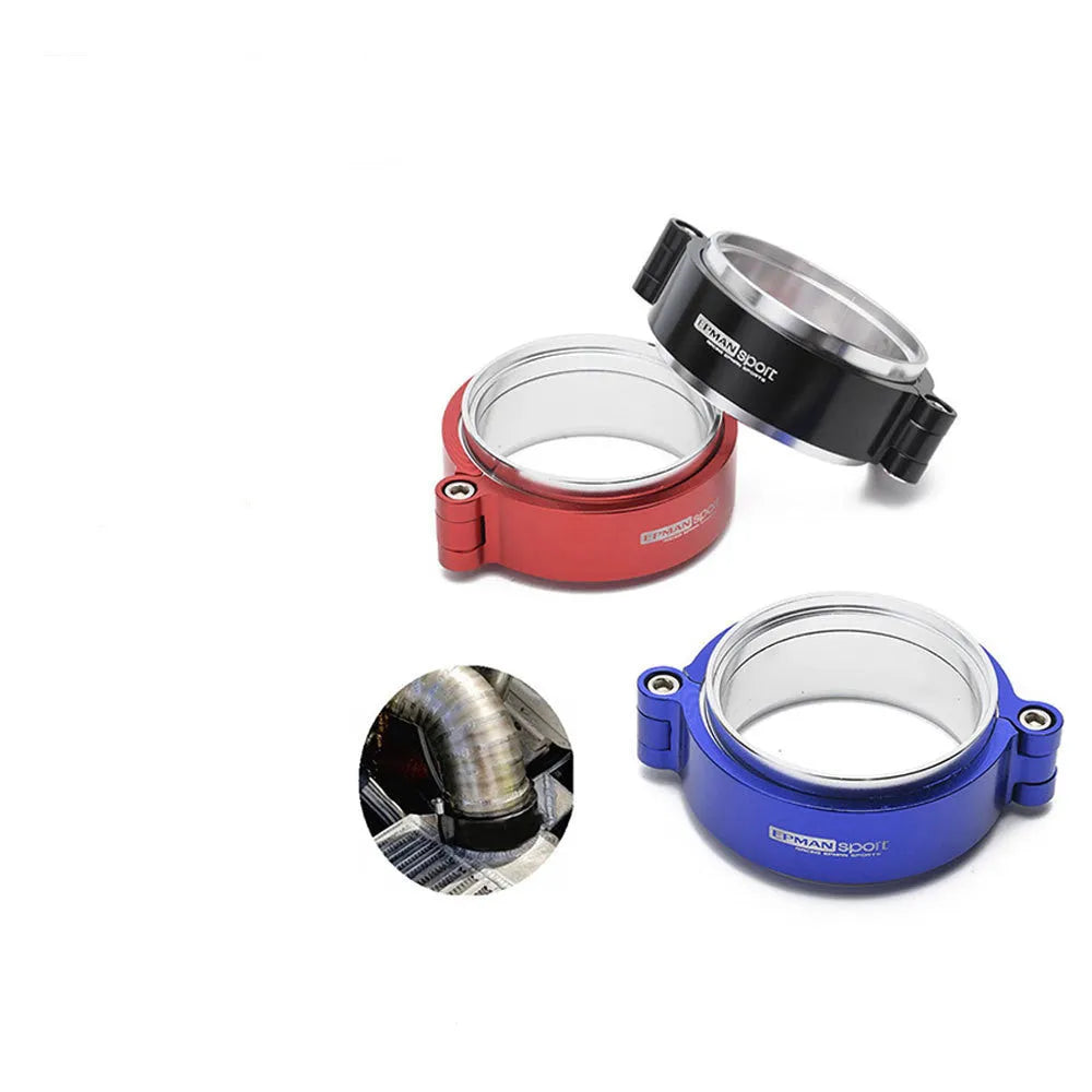 Aluminium fixed movement clamp for turbine exhaust downspouts in black, blue, or red colours showing 800psi pressure rating