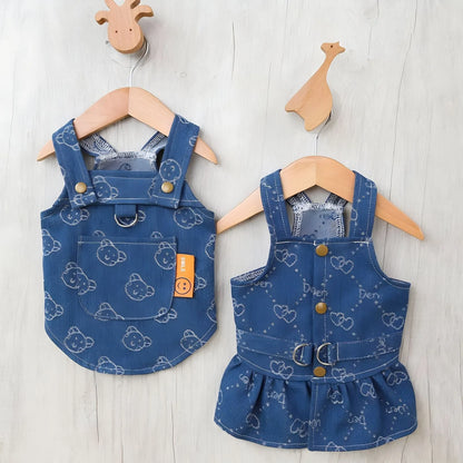 Teddy Bichon dog wearing denim princess dress with bracket skirt detailing