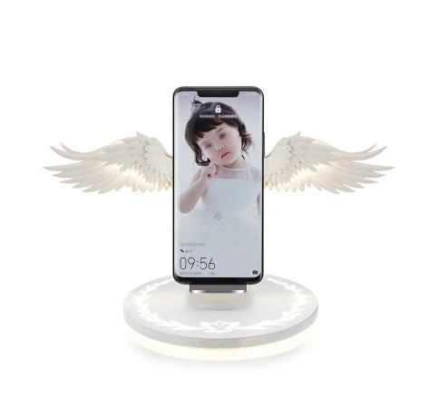 Angelic wireless charger with unfolding wings, providing fast charging and elegant design for smartphones