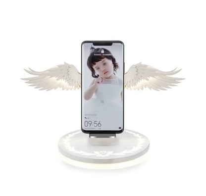 Angelic wireless charger with unfolding wings, providing fast charging and elegant design for smartphones