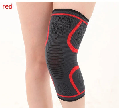 Black non-slip stretch sports knee pad shown on a knee, with size and colour options visible.