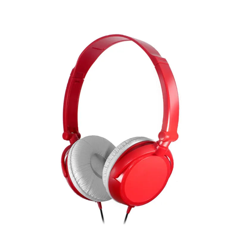 Black folding over-ear wired headphones with adjustable headband and 3.5mm plug on a white background.